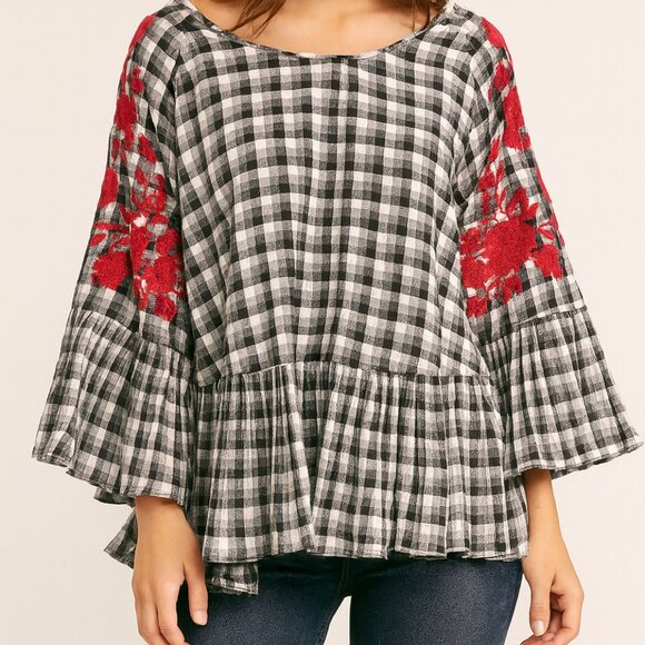 Entro Gingham Embroidered Bell Sleeve Blouse - Picture 1 of 8
